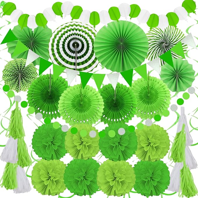 ZERODECO Party Decorations, 41 Pcs Green Papar Fans Pompoms Garlands String Tissue Paper Tassel for Fiesta Home Bridal Baby Shower Wedding Boy Girl Birthday Party