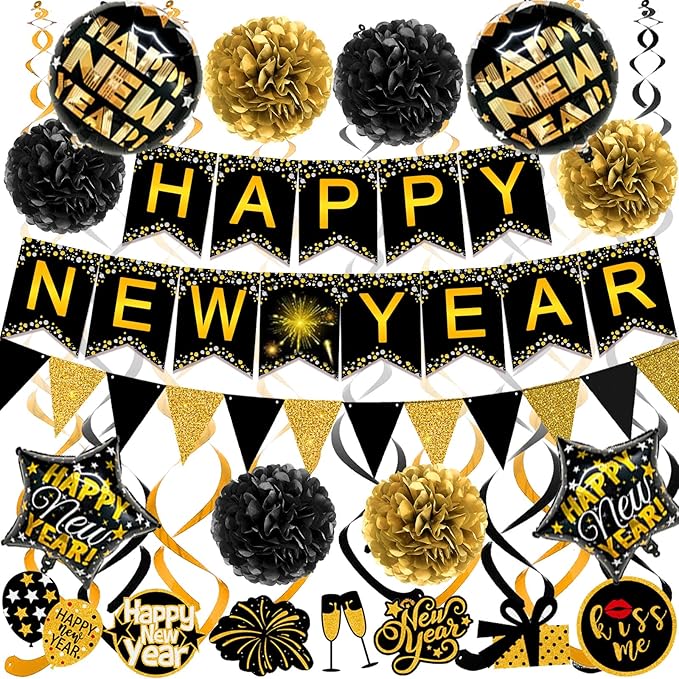 Famoby Happy New Year Paper Banner Triangle Flag Bunting Pom poms Swirls Streamers & Balloons for New year Party Decoration