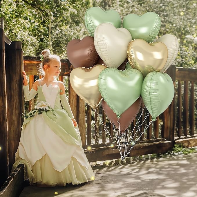 Green Gold Brown Heart Balloons, 12Pcs Retro Green Pastel Gold Beige Coffee Heart Shape Foil Balloons Olive Neutral Tan Cream Balloon for Boho Woodland Birthday Camo Army Hunting Baby Shower