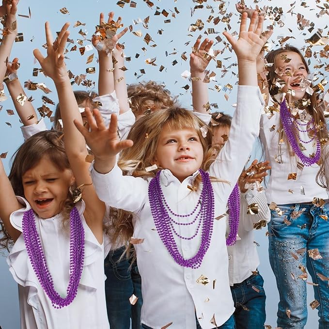 Mardi Gras Beads, 12PCS Purple Bead Necklace Party Favors, 33" Bead Necklaces Accessory Set, Festival Parade Throw Accessories for Halloween Mardi Gras Party Celebrations Decorations