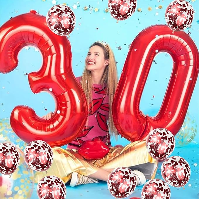 Red 30 Birthday Balloon Numbers, 40 Inch Big Foil Mylar Number 3 and 0 Balloons with Red Confetti Latex Helium Balloons Set for Men Women 30th 3rd Birthday Anniversary Party Decorations Supplies