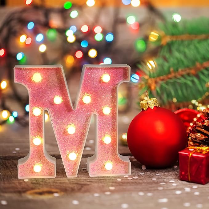 Foaky Pink Light up Letters，Pink Party Decorations,Girls Room Decor,Glitter Light Up Letters,Alphabet Letter Sign for Night Light Birthday Party Girls Gifts, Home Bar Decoration（E）