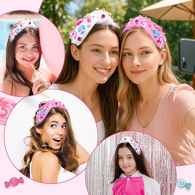 Candy Knotted Headbands for Women, Lollipop Sugar Charms Rhinestone Jeweled Wide Cute Headband for Girls, Fashion Hairband Hair Accessories Birthday Holiday Candyland Party Favors Gifts - White