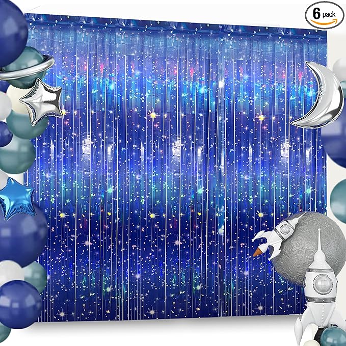 6 PCS Galaxy Foil Curtains Backdrop for Space Themed Party Decorations, 3.3 x 6.6 ft Blue Iridescent Tinsel Curtains, Foil Fringe for Photo Booth, Outer Space Birthday or Alien Party