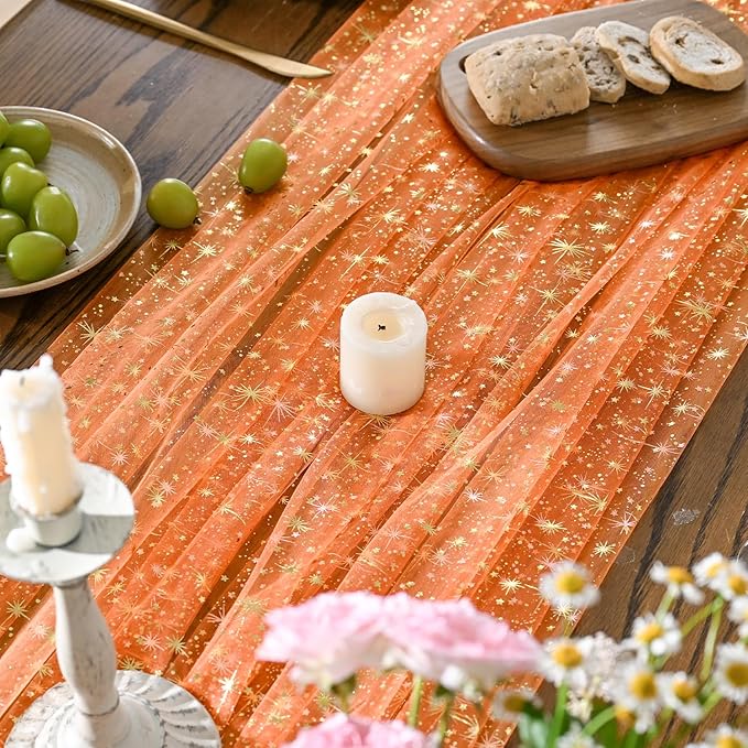 Horaldaily Orange Gold Sparkling Star Gauze Tablecloth 60x84 Inch Rectangular, Golden Star Sequin Glitter Metallic Foil, Sheer Tulle Cheesecloth for Wedding Baby Shower Party