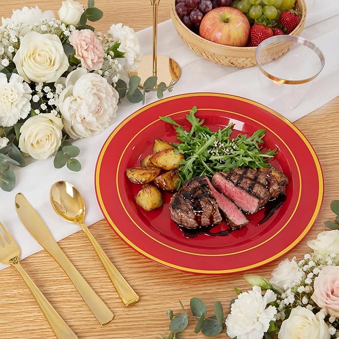 175 Pieces Red Plastic Plates with Gold Rim Include Dinner Plate 10? Dessert Plate 7? gold Cups 9 OZ, Pre Rolled Napkins 25 of each type for Wedding Baby Shower Spring Birthday