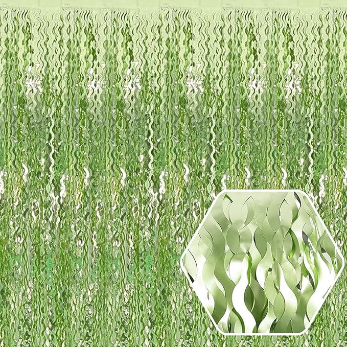 4 Pack Light Green Wave Foil Fringe Curtain Backdrop, 3.28Ft x 8.2Ft Metallic Tinsel Foil Fringe Streamer Curtains for Photo Booth, Mother's Day, Easter, Birthday, Wedding Party Decoration