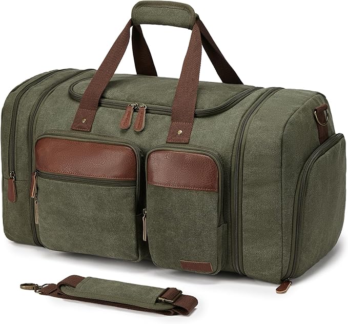 Canvas Duffle Bag for Travel 50L Expandable Travel Duffel Bags for Men Women Overnight Weekend Gym Bag with Shoes Compartment - Army Green