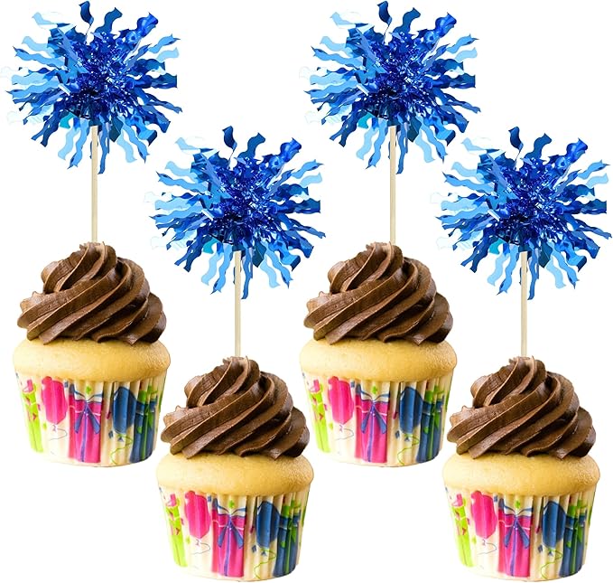 Gyufise 30Pcs Foil Firework Cupcake Toppers Happy Birthday Cake Toppers Sparkle Tinsel Flower Drink Stirrers Cocktail Food Fruit Toothpicks for Valentine's Day Party Supplies Blue