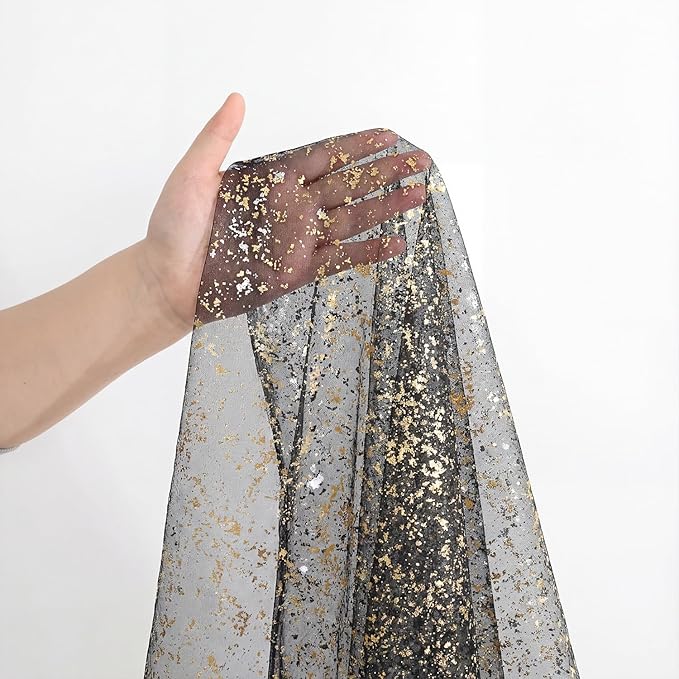 Artoid Mode Black Gold Gauze Table Runner 59x120 Inch 10FT, Glitter Metallic Foil Sheer Dining Wedding Anniversary Holiday Birthday Table Decor for Home Party