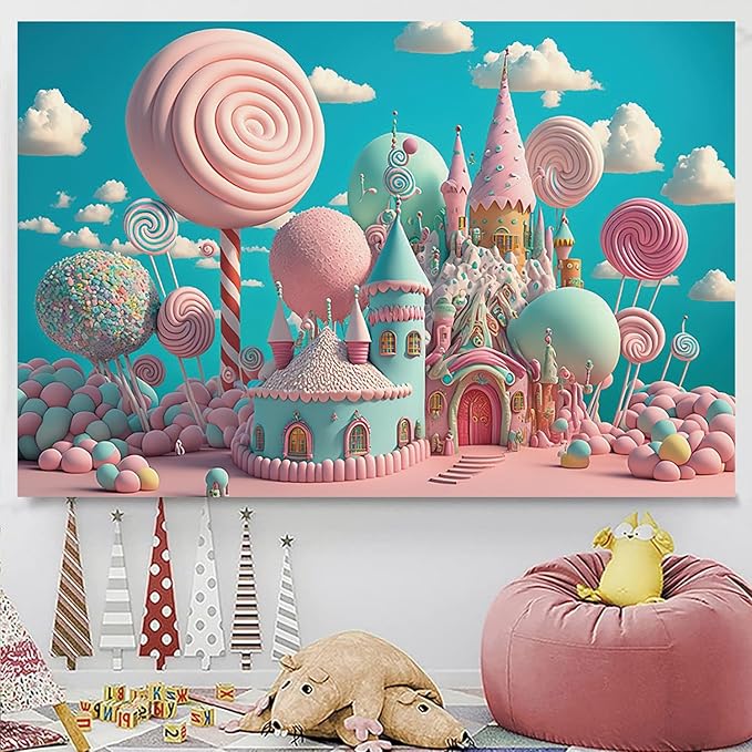 10x6.5ft Candyland Backdrop Fantasy Pink Sweet Candy Castle Photography Background Children's Birthday Party Candyland Theme Decorations Banner Photo Studio Props