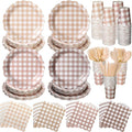 Yaomiao 168 Pcs Gingham Plates and Napkins Beige Plaid Disposable Dinnerware Sets Brown Gingham Plates Cups Napkin Knife Fork Spoon Serve 25 Guests for Wedding Baby Shower Birthday Party Supplies