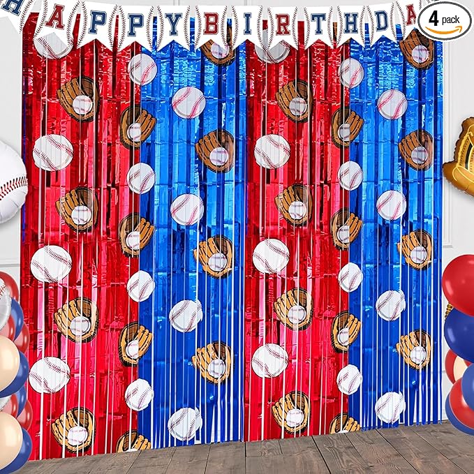 4 Pack Baseball Tinsel Foil Fringe Curtains Backdrop Party Decorations, Blue and White Red Door Streamers Banner Sports Themed Birthday Party Decor Supplies for Boys Favor