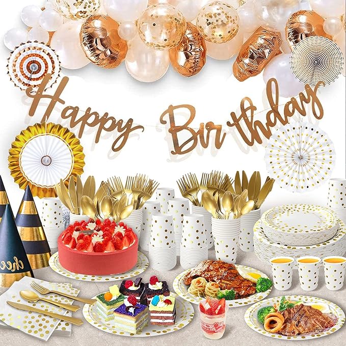 AIRE 175PCS White and Gold Paper Plates Party Supplies for 25 Guests Disposable Party Decorations Dinnerware Golden Dot Paper Plates Napkins Cups Gold Plastic Forks Knives Spoons for Wedding Birthday