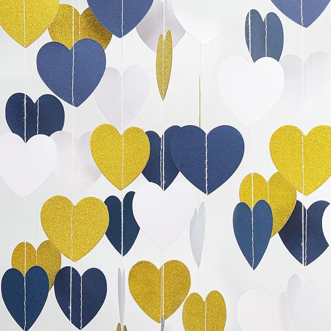 Navy-Blue White Gold Party Decorations - 52ft Paper Heart Garland Men Birthday Banner Graduation Decoration Wedding Streamers Bridal Boy Baby Shower Hanging Decor HongTongTong