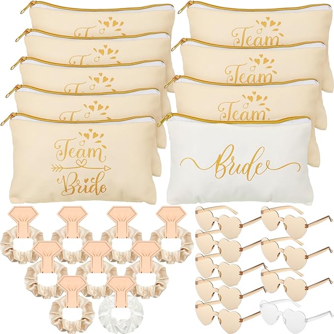 Sweetude 27 Pcs Bridesmaid Proposal Gift Bride Cosmetic Makeup Bags Bridal Hair Scrunchies Ties Heart Shape Sunglasses for Wedding Bachelorette Party Favor(Champagne, White)