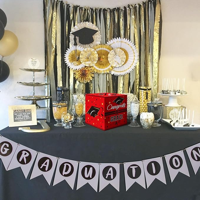Graduation Card Box, Graduation Party Decorations 2025, Red Graduation Box, Graduation Card Holder, Foldable Cardboard Congrats Grad Card Gift Box for Graduation Party Supplies Party Favors