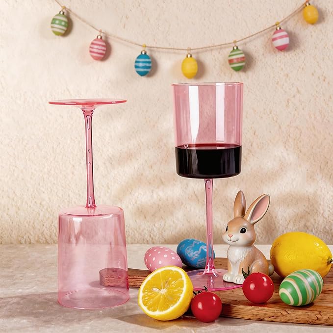 Ciaell 12 Pack Pink Plastic Wine Glasses - 10 Oz Disposable Wine Glasses with Stem for Parties & Weddings & Poolside & Outdoors & Camping & Easter