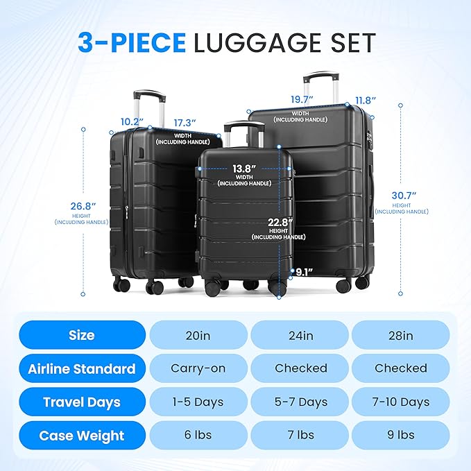 Simple Deluxe 20 Inch Expandable Hardside Carry On with Spinner Wheels & TSA Lock, ABS Hard Shell Lightweight Rolling Luggage Suitcase, Black