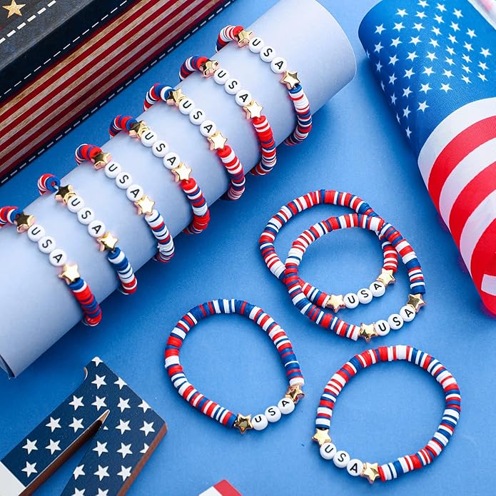 USA Bracelets Bulk 4th of July Accessories Red White and Blue Polymer Clay Beaded Stretch Bracelets for Women USA Jewelry Independence Day 4th of July Patriotic Party Favors Gifts