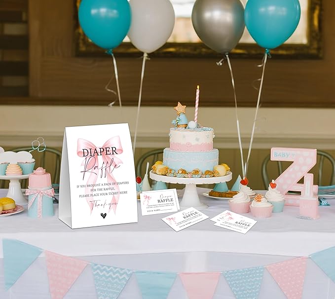 Pink Bow Baby Shower Diaper Raffle, Baby Shower Game, Include One 5×7 Sign and 50 Diaper Raffle Tickets, Pink Coquette Bow Gender Reveal Party Decoration Supplies - FG17