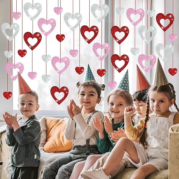 36 Pcs Valentine's Day Decorations Glitter Heart Hanging Swirls - No DIY Red Pink Silver Heart Hanging Decorations Party Decoration Swirls Ornaments for Valentines Day Party Supplies Decorations