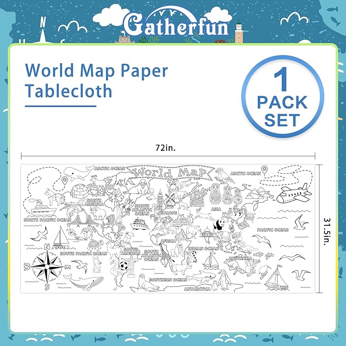 Gatherfun World Map Giant Coloring Poster - 31.5x 72 Inches - Versatile Classroom Wall Décor & Birthday Activity - World Map Poster or Table Cover for School Parties and Special Events
