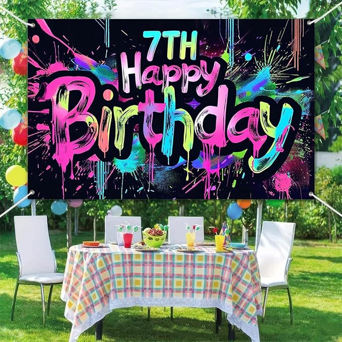 Neon 7th Happy Birthday Banner 71x43 Inch Paint Splatter Glow in The Dark Party Backdrop Colorful Wall Decor for Kids Boys Girls Seventh Birthday Celebrations Photo Booth Props Event