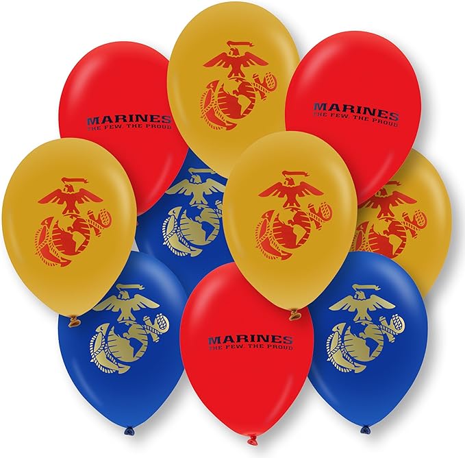 U.S. Marines Party Balloons (10pcs) 12” Latex Balloons in Red, Gold, and Blue with contrasting print on 2 sides. Officially Licensed by the U.S.Marines - Made in Italy - by Havercamp.