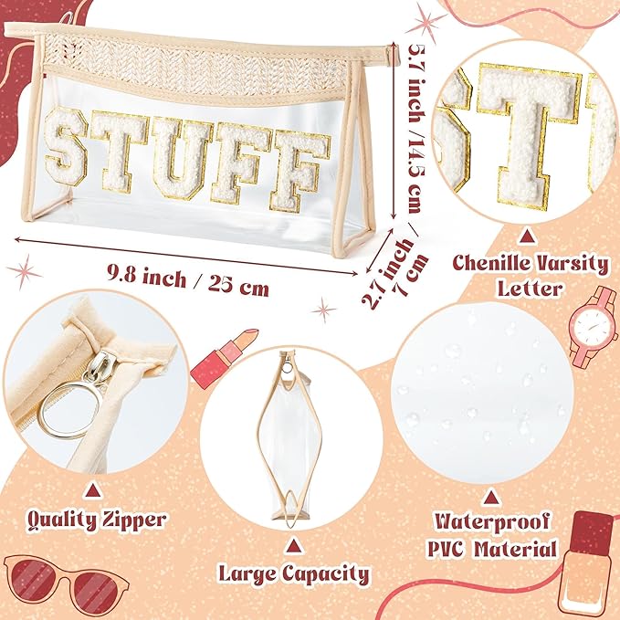 Boho Patch STUFF Cosmetic Bag - Summer Preppy STUFF Chenille Varsity Letter Toiletry Makeup Bag Clear Waterproof Travel Beach Makeup Pouch PVC Zipper Clutch Daily Use Purse for Women Girls