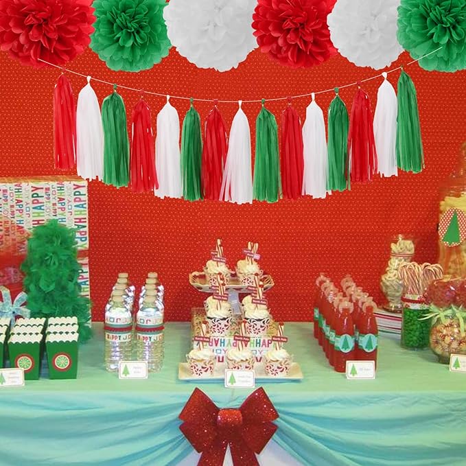Red-Green White Christmas Party-Decorations Tassel-Garland -15pcs Mexico Italy Tassels Banner Streamers,Mexican Italian Birthday Wedding Baby Shower Decor Panduola