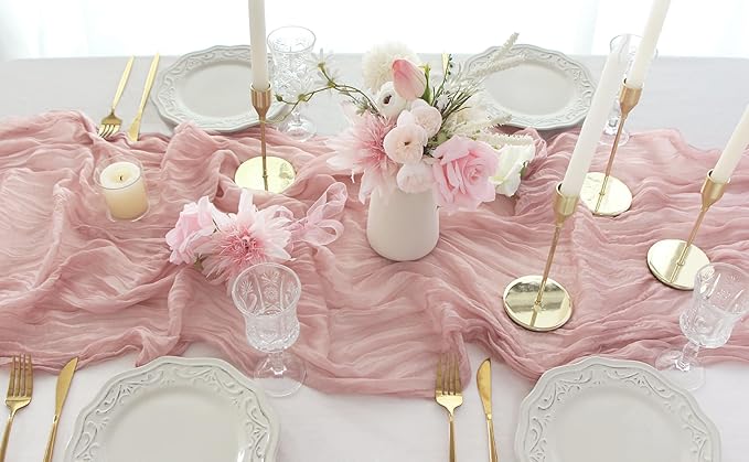 FEXIA Cheesecloth Table Runner Dusty Pink 35x120 Inches 4 Packs Gauze Table Runner Burnt for Wedding Decor Reception Bridal Shower Baby Shower Birthday Centerpiece Engagement