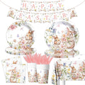 Easter Bunny Decorations-142Pcs Floral Bunny Tableware Happy Easter Plates and Napkins Kit Vintage Rabbits Spring Party Supplies for Kids
