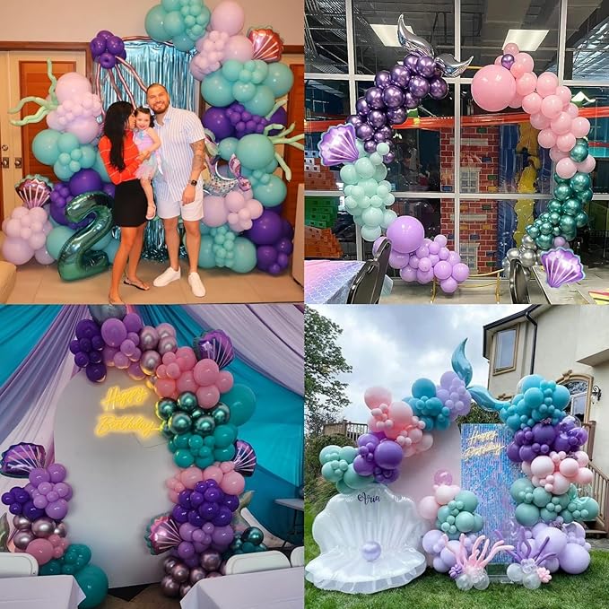 10th Mermaid Birthday Decoration,Metallic Purple Pink Green Blue Latex Balloons for Girls Party Decoration Number 10 Seashell Foil Balloons Banner Cake Topper Sea Decorations for 10 Year Old