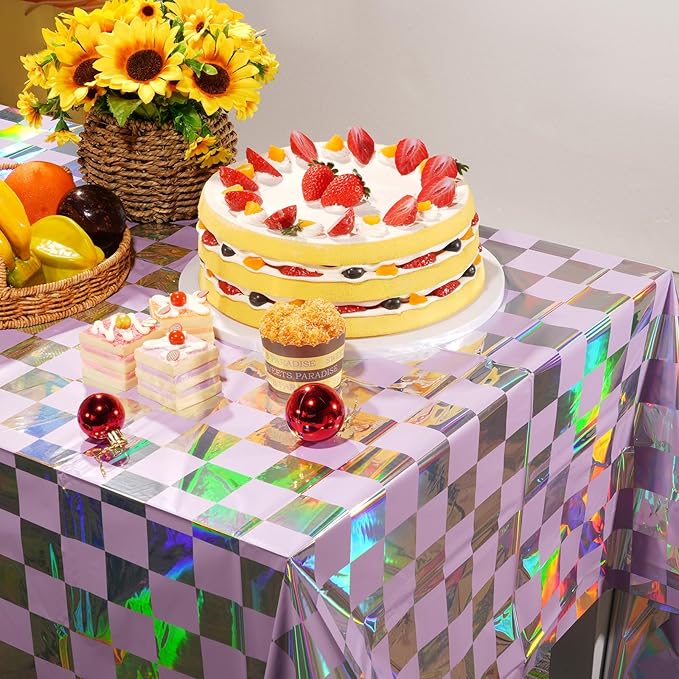 1Pack Iridescent Checkered and Purple Plastic Tablecloths Shiny Disposable Laser Rectangle Table Covers Holographic Foil Tablecloth Iridescent Party Decorations Birthday Bridal Baby Shower, 54x108Inch