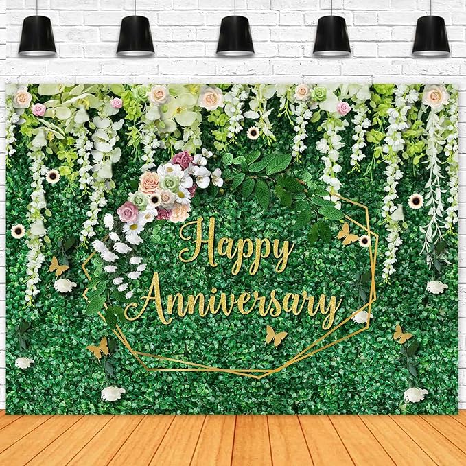 Sensfun Happy Anniversary Backdrop Green Grass Floral Banner Cheers to Wedding Anniversary Party Decorations Marriage Memorial Portrait Photo Booth Background 7x5ft