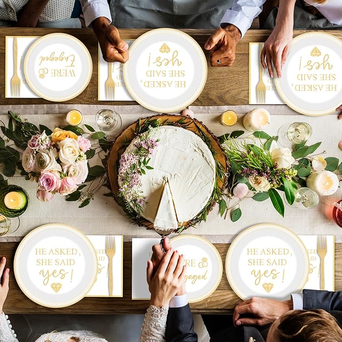 96Pcs Happy Engagement Party Supplies Engagement Paper Plates Napkins She Said Yes Party Tableware Set She Said Yes Disposable Dinnerware for Wedding Birthday Party Bridal Shower Decoration Serve 24