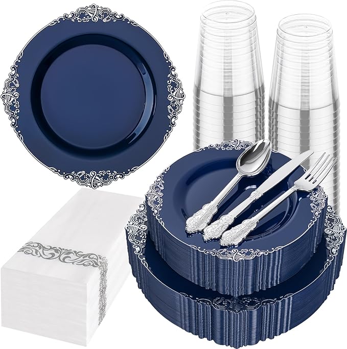 Hioasis 175pcs Blue and Silver Plastic Plates - Elegant Disposable Dinnerware Set Suitable for 25 Guests Include 10.25" Dinner & 7.5" Dessert Plates, Cutlery, Napkins, Cups for Party & Wedding