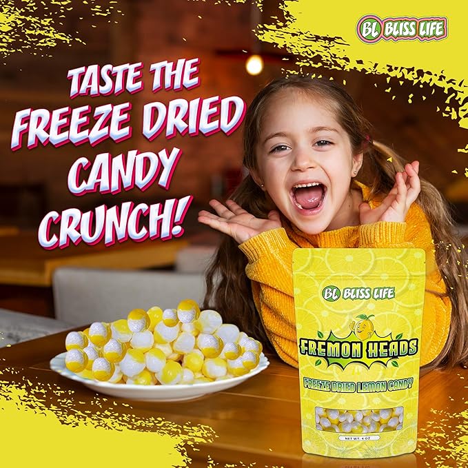 Fremon Heads Freeze Dried Lemon Fruit Candy from TikTok, ASMR Crunchy Candy, Sweet and Sour Kids Snacks, Unique Novelty Snack for Kids 4OZ