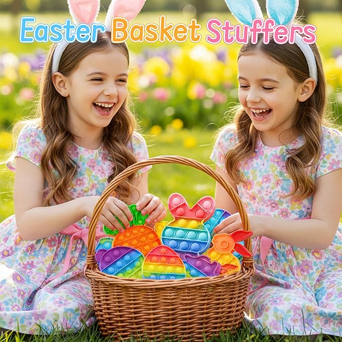 Easter Push Bubble Fidget Toys, Kids Girls Boys Basket Stuffer Popping Sensory Toy Toddler Adult Stress Relief Silicone Fidgets Birthday Gifts for Travel Cars Classroom Party Office