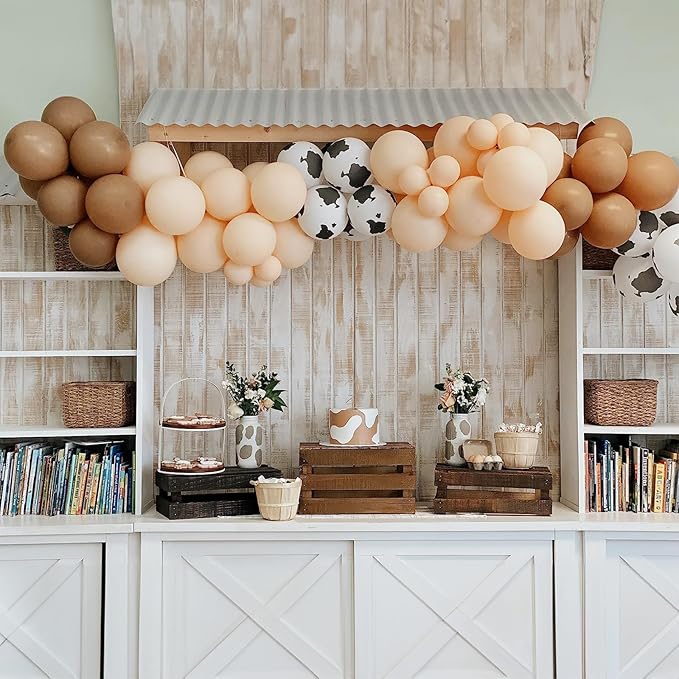 Cow Balloons Garland Arch Kit, 118pcs Brown Apricot Balloons Arch Kit 18/12/10/5 inch Brown Nude Tan White Latex Balloons for Woodland Cow Farm Theme Party Cowboy Birthday Baby Shower Decoration