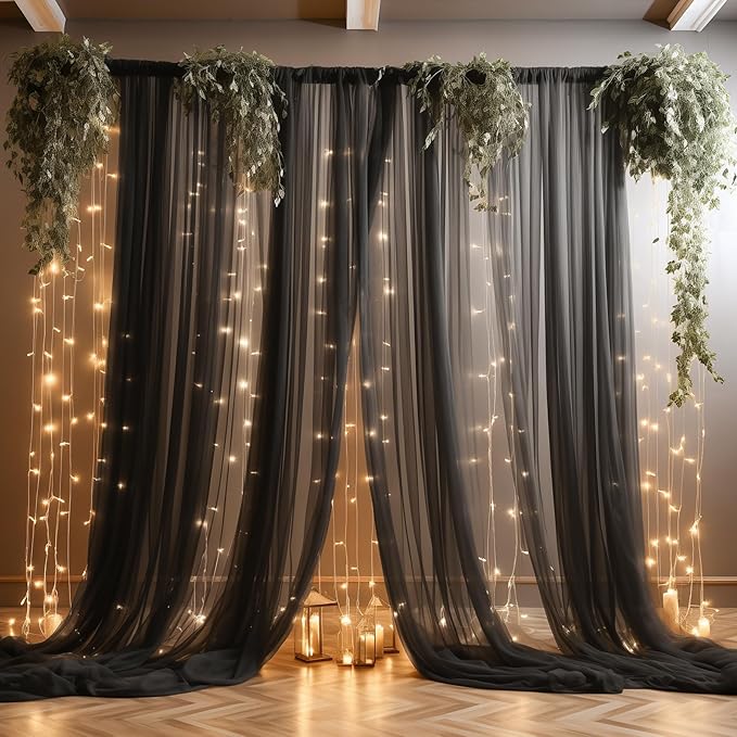 20ft x 10ft Black Backdrop Curtain with Lights String for Parties, Sheer Tulle Wedding Photo Backdrops Drapes for Baby Shower Birthday Party Decorations Background for Photography