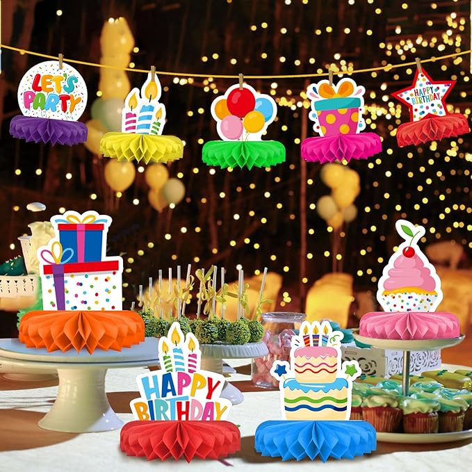 Happy Birthday Decorations Set - Colorful Themed Honeycomb Centerpiece, Table Decoration for Kids' Birthday Party Supplies