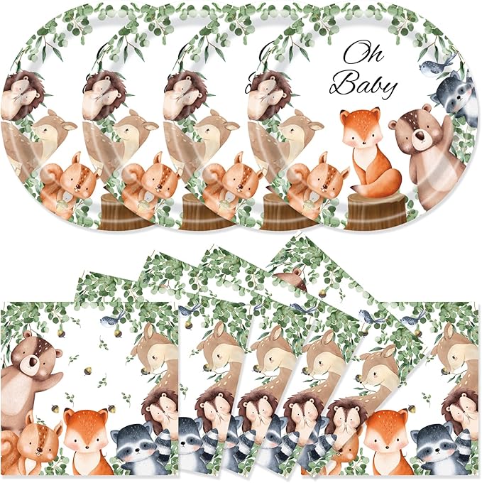 40Pcs Woodland Baby Shower Plates and Napkins Party Supplies, 9 Inch Nature Sage Paper Plates and Napkins Disposable Tableware Set for Boys Girls Safari Jungle Animal Party Decorations