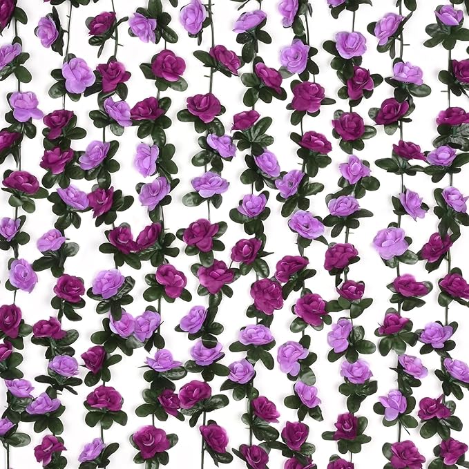 BLEUM CADE 12Pcs 98.4Ft Flower Garland Artificial Rose Vines for Bedroom, Cute Fake Hanging Flower Vines Floral Garland Decorations for Wedding Party Wall Room Decor Aesthetic