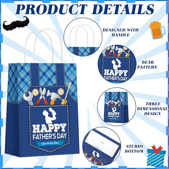 24 Pcs Fathers Day Party Gift Bags Happy Father's Day Paper Bags with Handles Dad Treat Goodie Present Boxes Blue Black Party Supplies for Dads Men Anniversary Birthday Decor