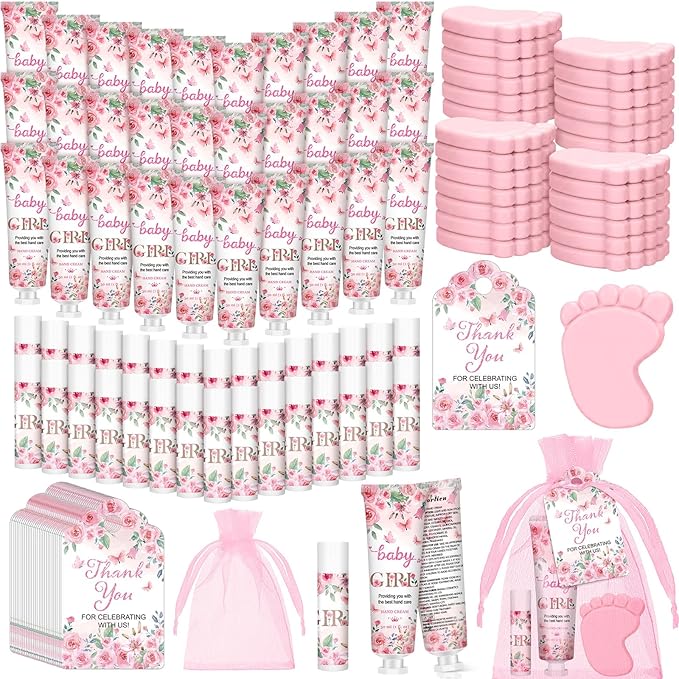 Loopeer 30 Set/150 Pcs Pink Flowers Baby Shower Favors for Guests Gifts Hand Cream Lip Balm Soap Party Favors Gifts Travel Size with Organza Bags, Thanks You Card for Baby Shower Birthday Wedding