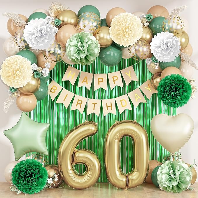 Sage Green 60th Birthday Decorations for Men Gold Number 60 Balloon Nude Gold Happy Birthday Banner Fringe Curtain Paper Pom Poms Olive Green Cream White Sand Star Foil Balloons Party Decor