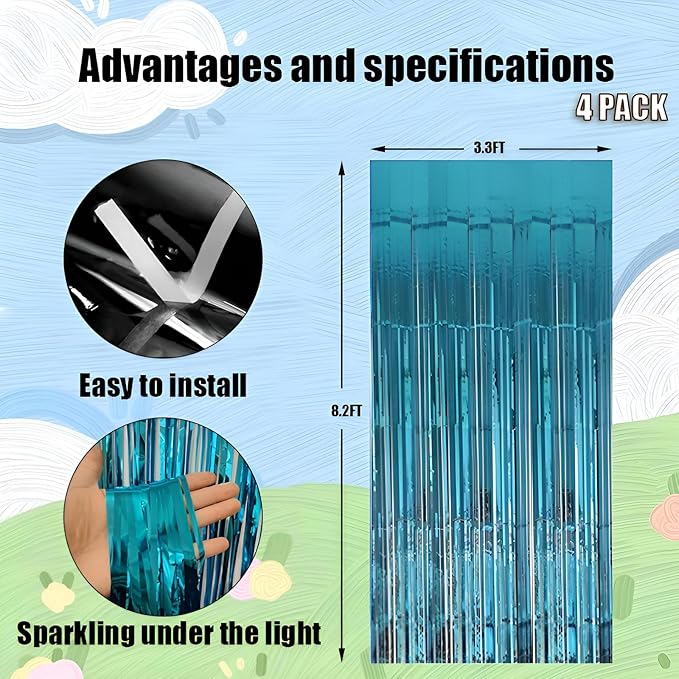 Valentines Day 4 Pack 3.3 * 8.3 ft Foil Curtain Metallic Tinsel Fringe Curtains Photo Booth Props Backdrop for Birthday Wedding Engagement Baby Shower Christmas Holiday Celebration Partyl,Light Blue