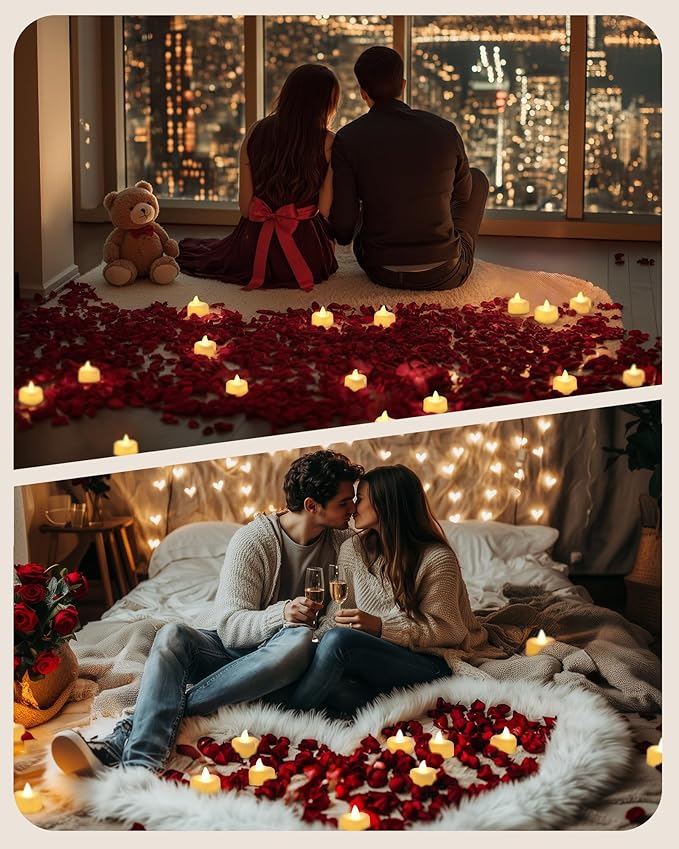 Amagic 2000 Pieces Artificial Rose Petals with 24 Heart LED Tea Lights Candles Kit, Rose Petals and Candles Set for Proposal, Anniversary, Special Romantic Night, Wedding Table Decor, Birthday